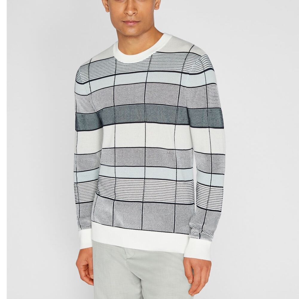 Geo Plaid Texture Crew Sweater - Brand New - NEVER WORN - White Base